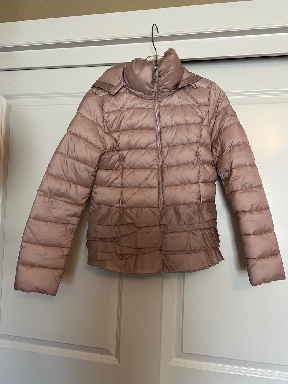 Tahari Pink Puffer Hooded Jacket with Ruffle Detail Medium NWOT